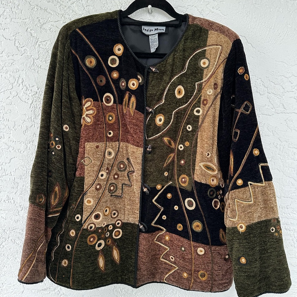 Indigo Moon Embroidered Jacket Metallic Medium Gold Leaves Button Down Lined - Picture 2 of 14